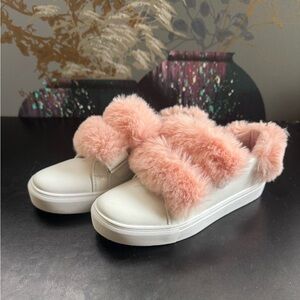 White Sneakers with Pink Faux Fur